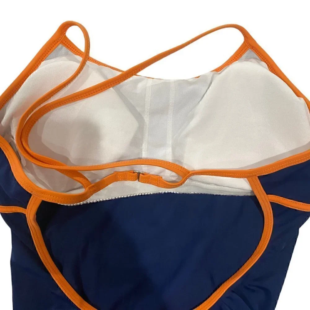 Nike Women Swimsuit Navy Orange Thin Straps Removable Pads Back Hook Stretch 12